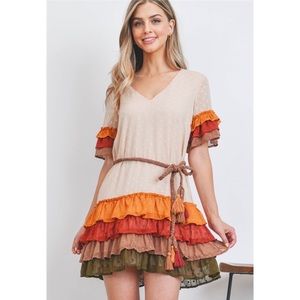 Boho Cream Fit and Flare Mini Dress with Multicolored Ruffles